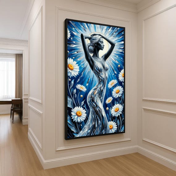 Elegant Woman Silhouette Daisies Floral Canvas Blue Radiant Light Art Modern Abstract Wall Feminine Grace Home Decor