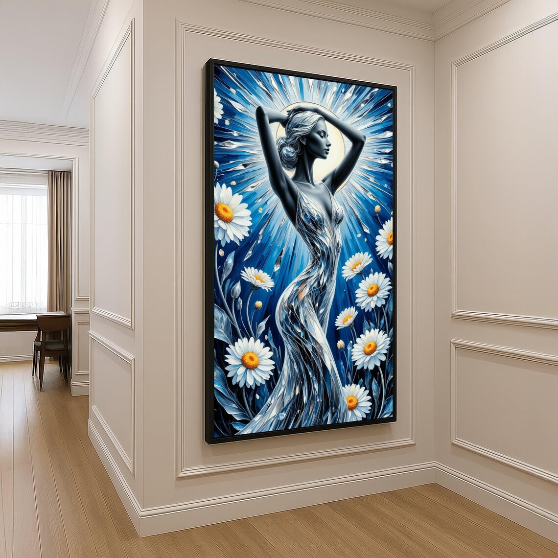 Radiant Blue Woman Silhouette Daisies Crystal Light Fantasy Poster