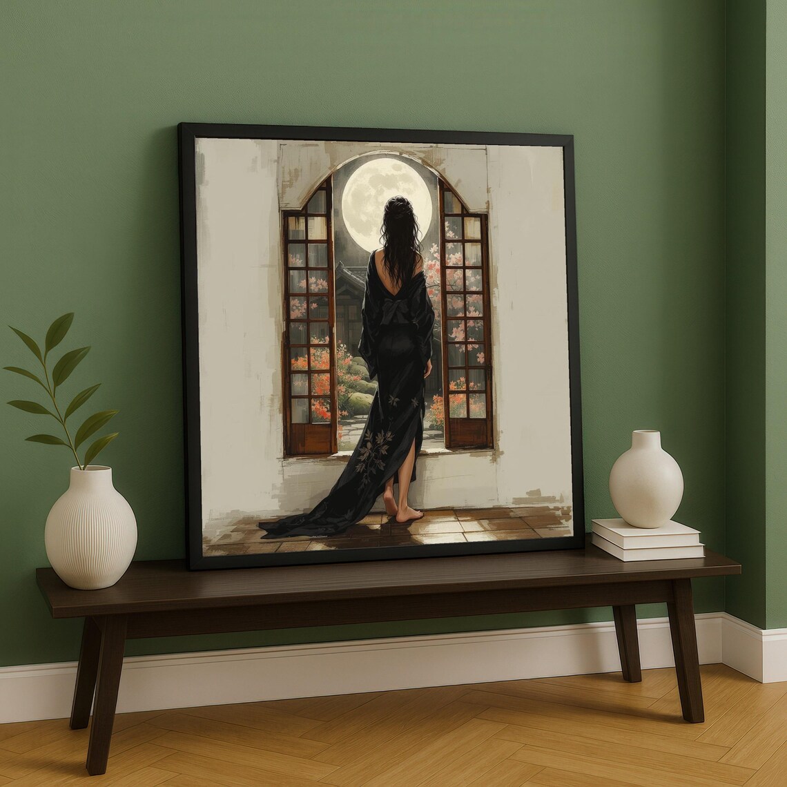 Woman Black Kimono Moonlit Window Serene Japanese Style Art Poster