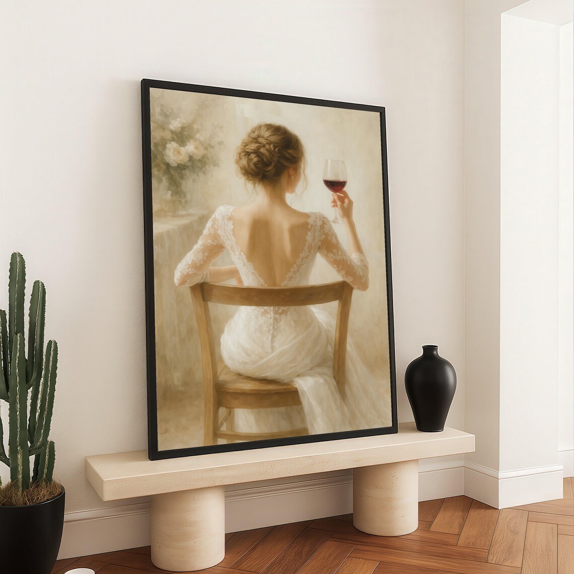 Elegant Bride Back View White Lace Dress Red Wine Romantic Wall Art