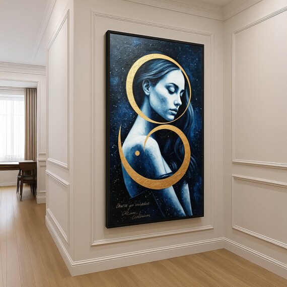Mystical Blue Woman Portrait Starry Night Gold Circle Accents Poster