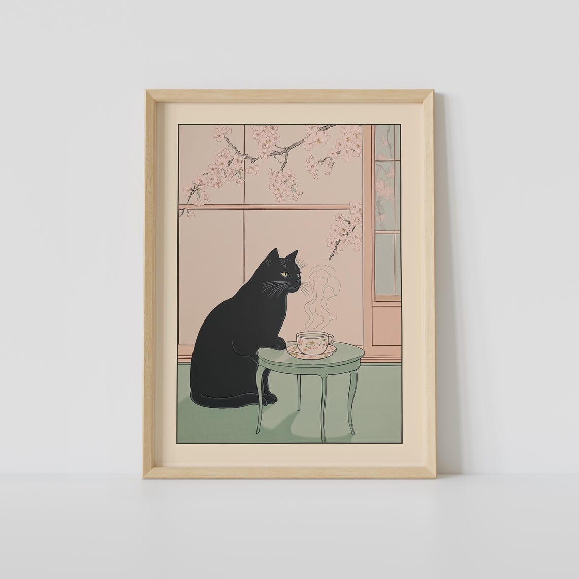 Black Cat Drinking Coffee, Japandi Kitchen Art Print