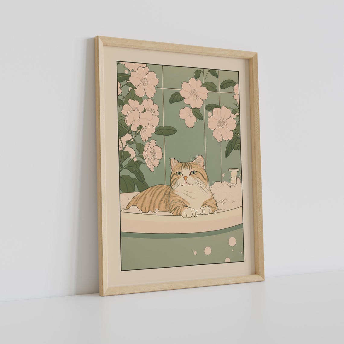 Tabby Cat Lounging in Bubble Bath Beneath Blossom Vines Poster - Image 2