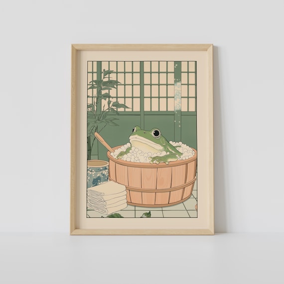 Green Frog Relaxing in a Wooden Barrel Bubble Bath Japanese Poster