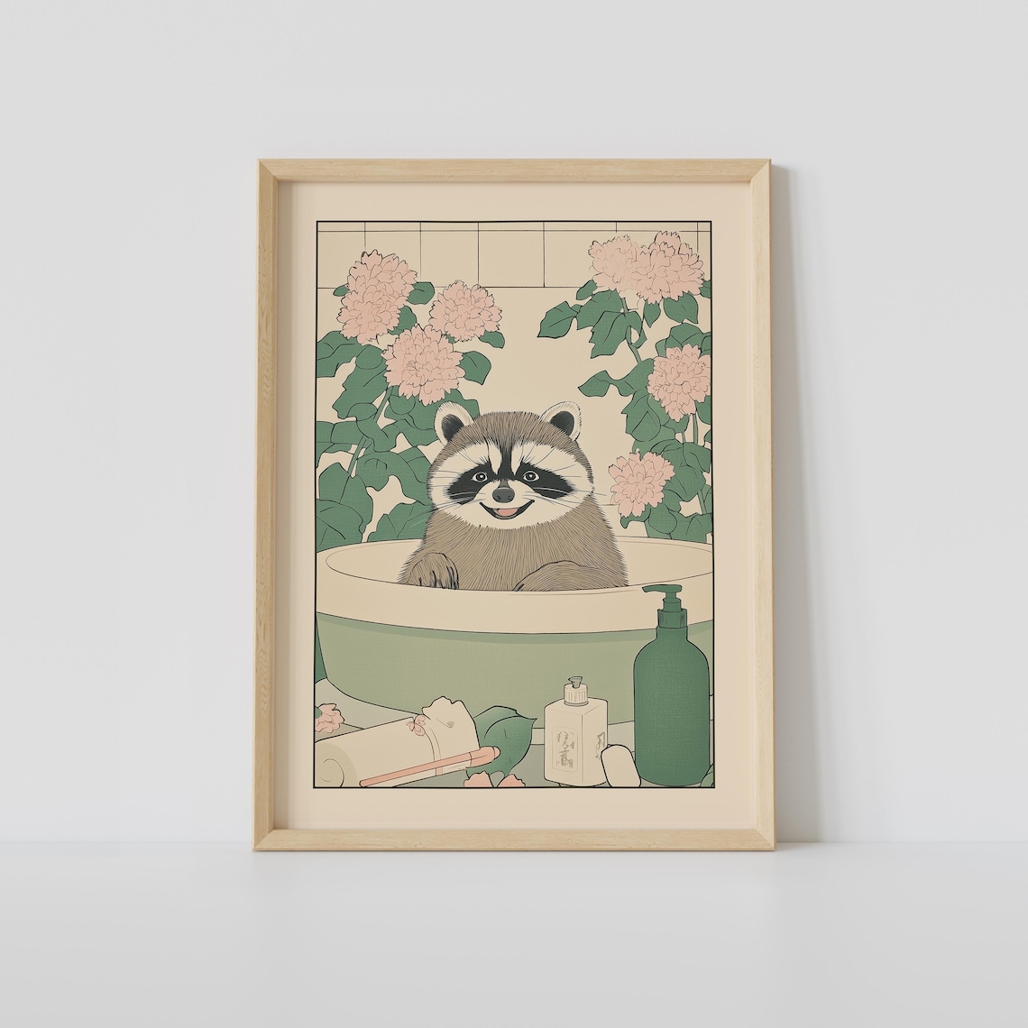 Smiling Raccoon in a Bathtub with Pink Chrysanthemum Blooms Poster