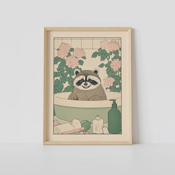 Smiling Raccoon in a Bathtub with Pink Chrysanthemum Blooms Poster