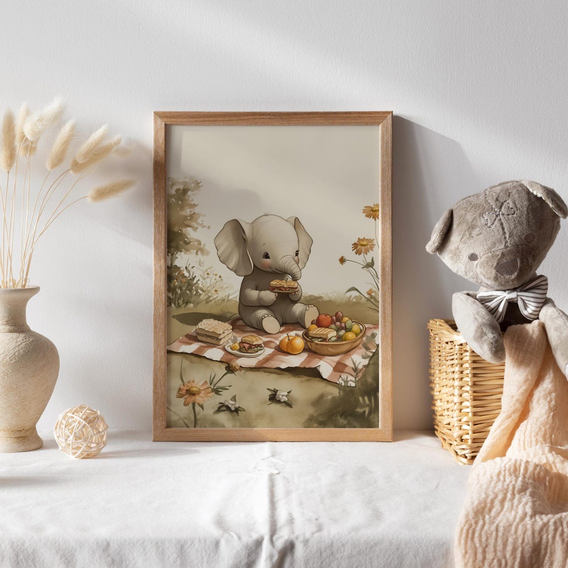 Baby Elephant Enjoying a Picnic with Sandwiches and Fruit Poster - Image 2