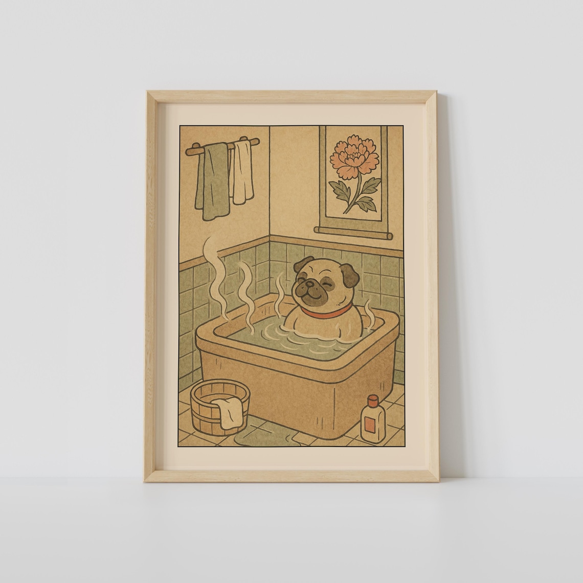 Pug Dog Relaxing In Hot Bath Japanese Style Cute Bathroom Art Poster