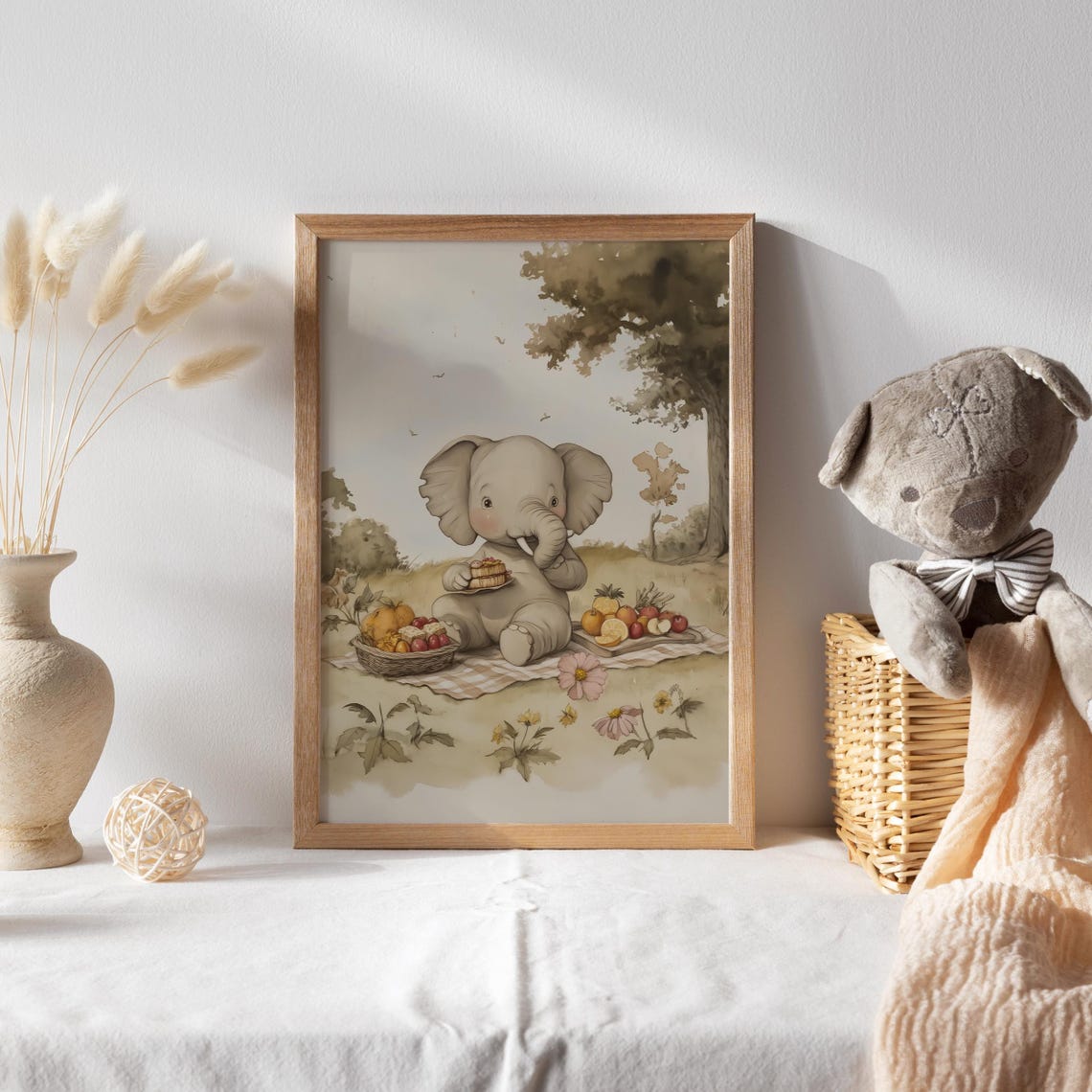 Baby Elephant Picnic Under Tree With Fruit Basket and Flowers Poster - Image 2