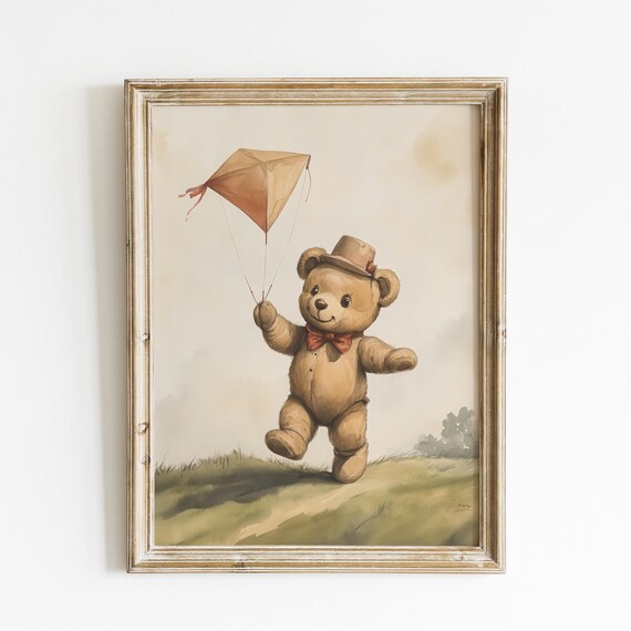 Teddy Bear Flying a Kite in a Sunny Meadow Funny Animal Poster