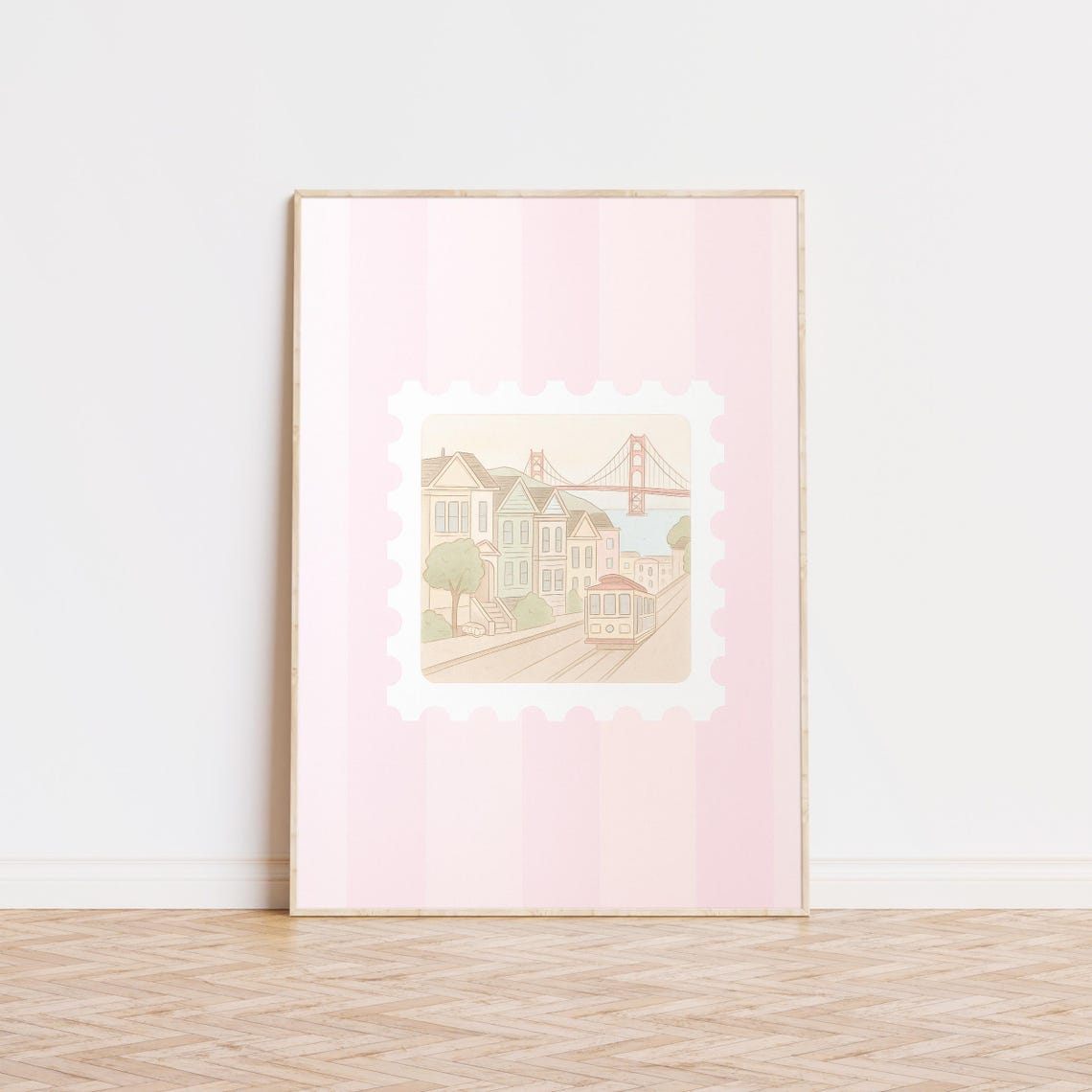 San Francisco Golden Gate Cable Car Pink Postage Stamp Art Print