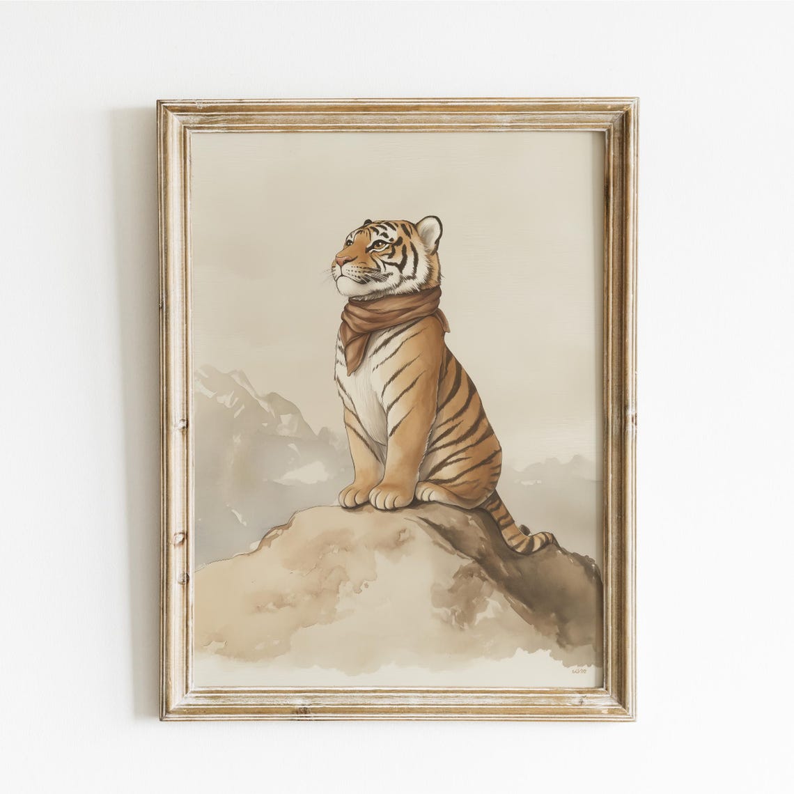 Tiger Cub Wearing Scarf Sitting on Rocky Peak Above Mist Poster