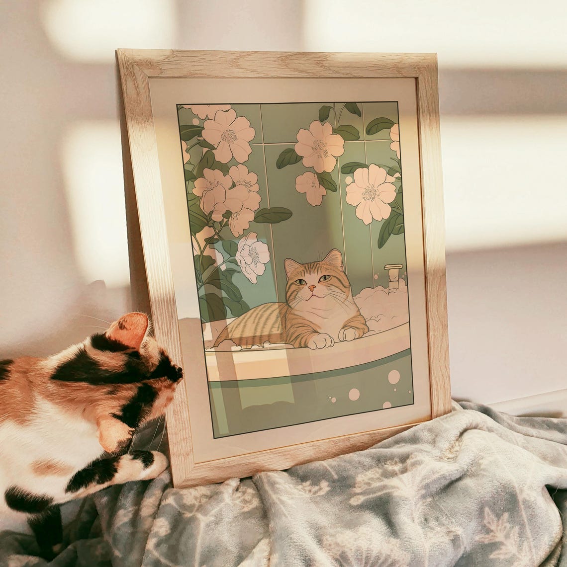Tabby Cat Lounging in Bubble Bath Beneath Blossom Vines Poster - Image 3