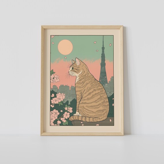 Tabby Cat Tokyo Skytree Cherry Blossoms Sunset Japanese Art Poster