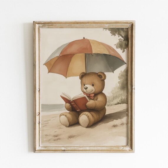 Teddy Bear Reading a Book on the Beach Under an Umbrella Poster