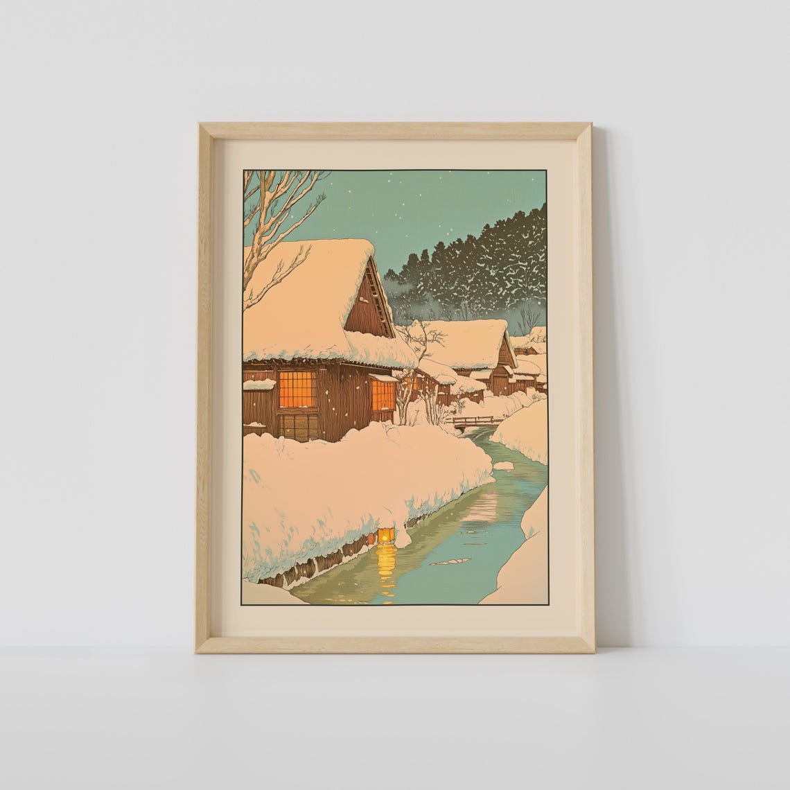 Snowy Japanese Village Winter Woodblock Thatched Roofs Poster
