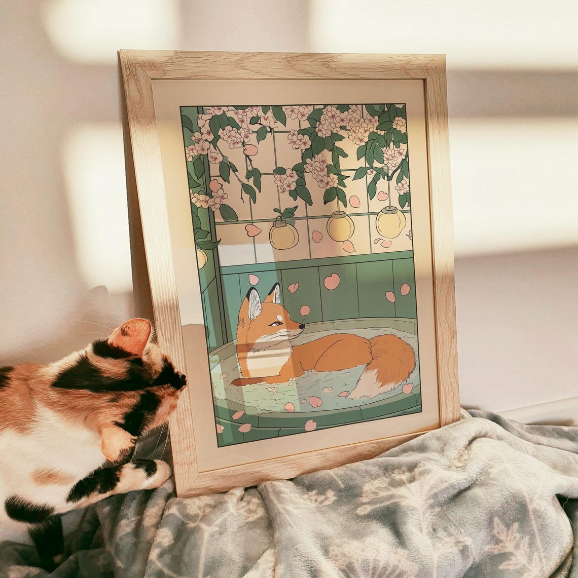Red Fox Soaking in Japanese Bath Under Lanterns and Blossoms Poster - Image 3