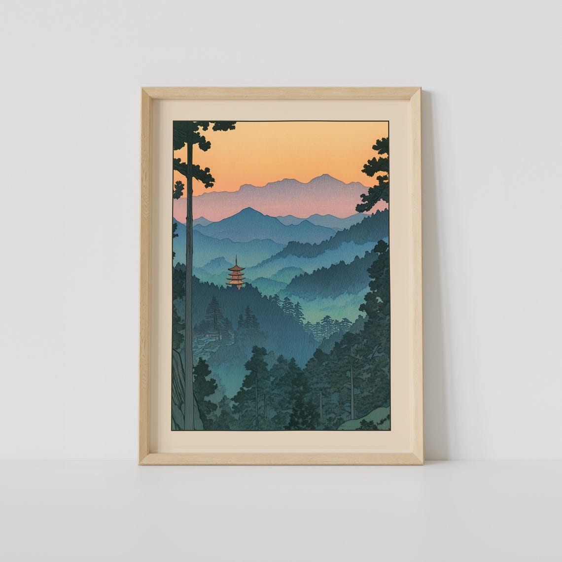 Japanese Pagoda Misty Mountains Sunset Woodblock Style Art Poster