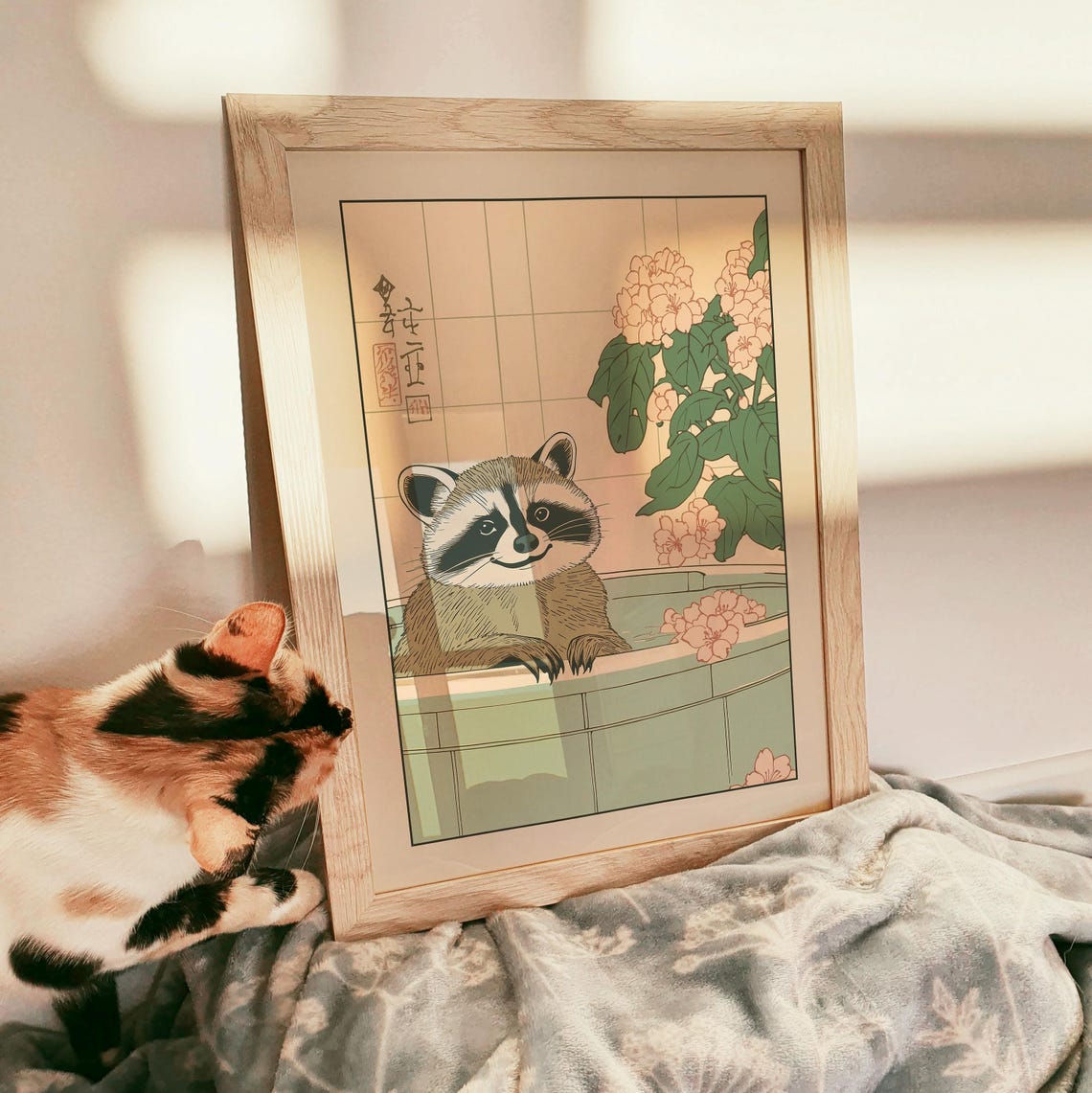 Raccoon Relaxing in Japanese Bathtub With Pink Hydrangeas Poster - Image 3