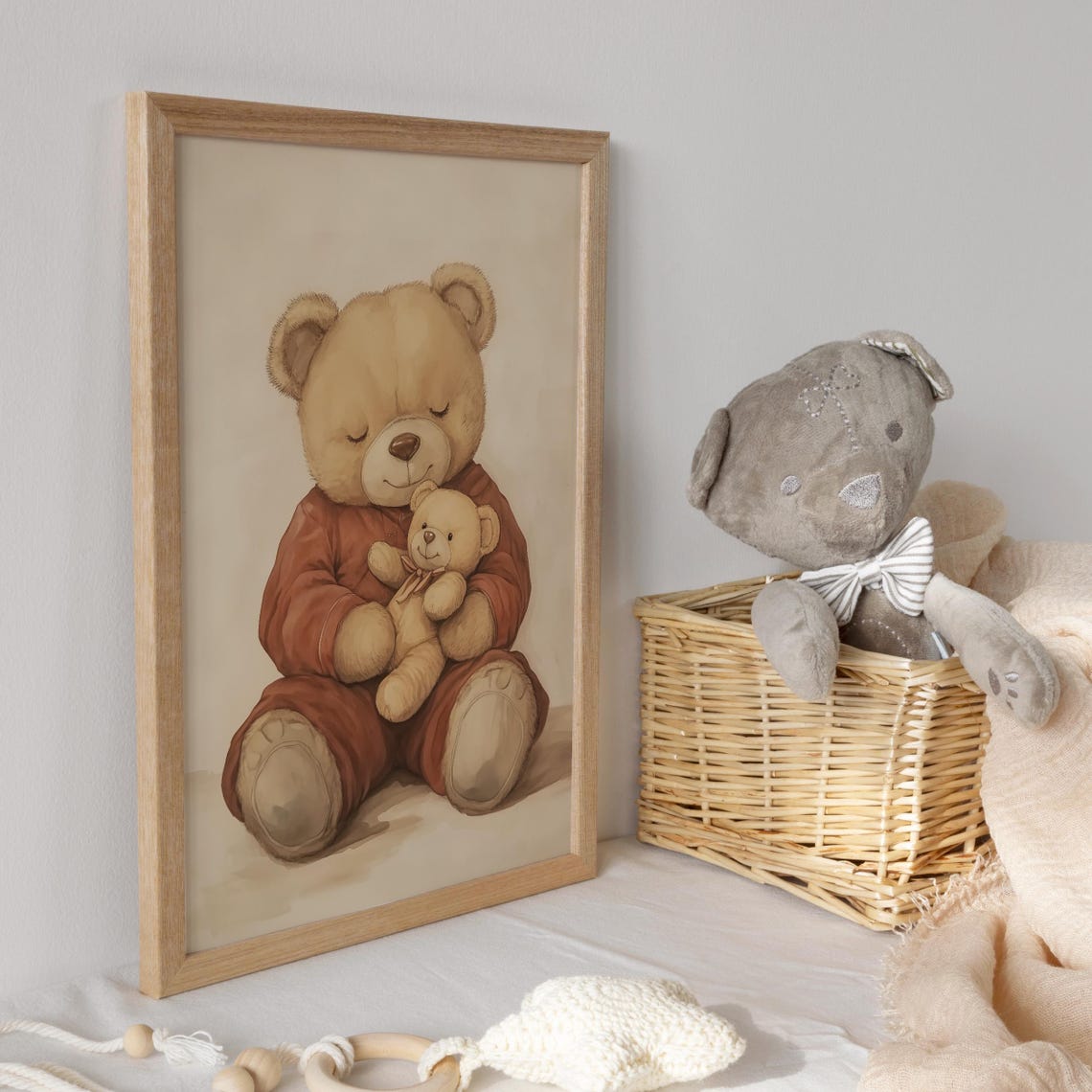 Bedtime Teddy Bear Hugging Its Small Plush Toy Nursery Poster - Image 3