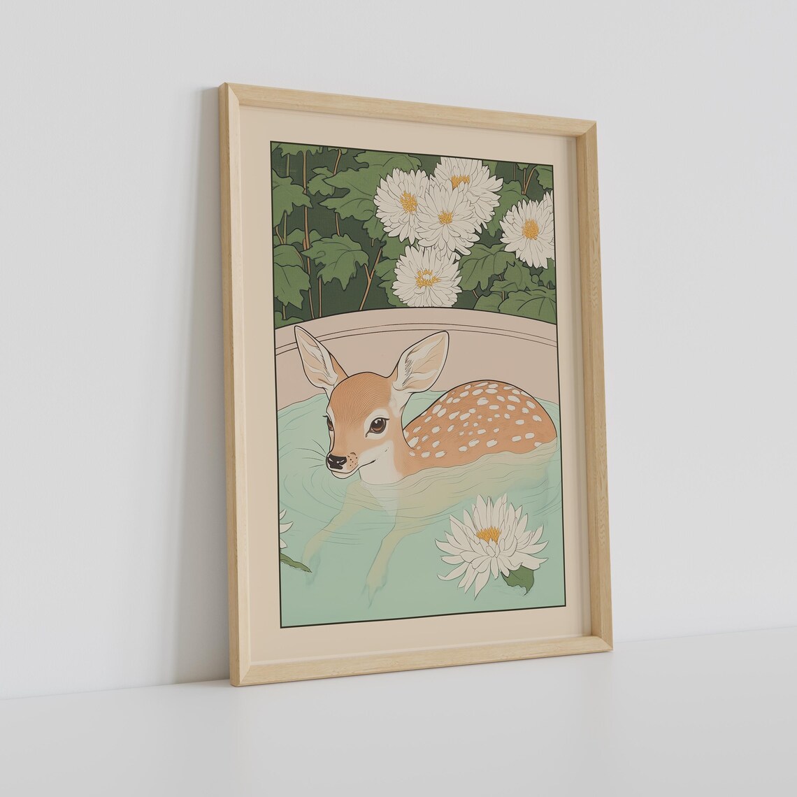 Spotted Fawn Soaking in Blossom Water Among Water Lilies Poster - Image 2
