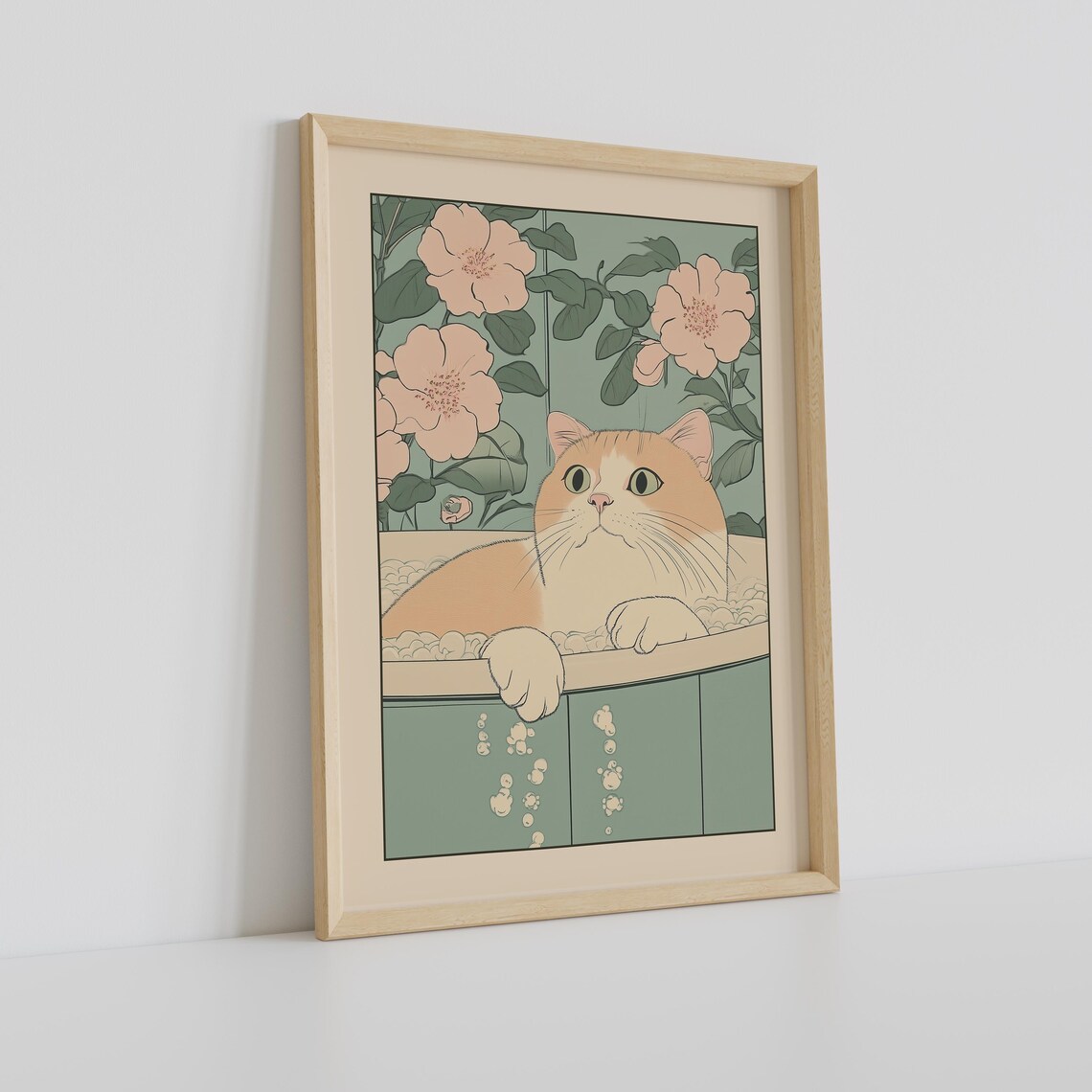 Orange Cat Bath Time in Green Tub With Camellia Blossoms Poster - Image 2