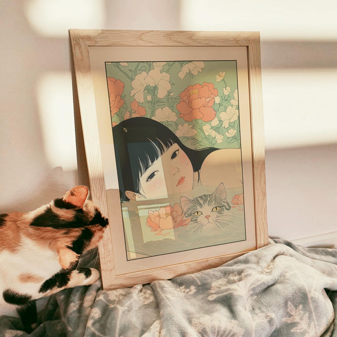 Japanese Girl in a Bath with a Tabby Cat Surrounded by Peonies Poster - Image 3