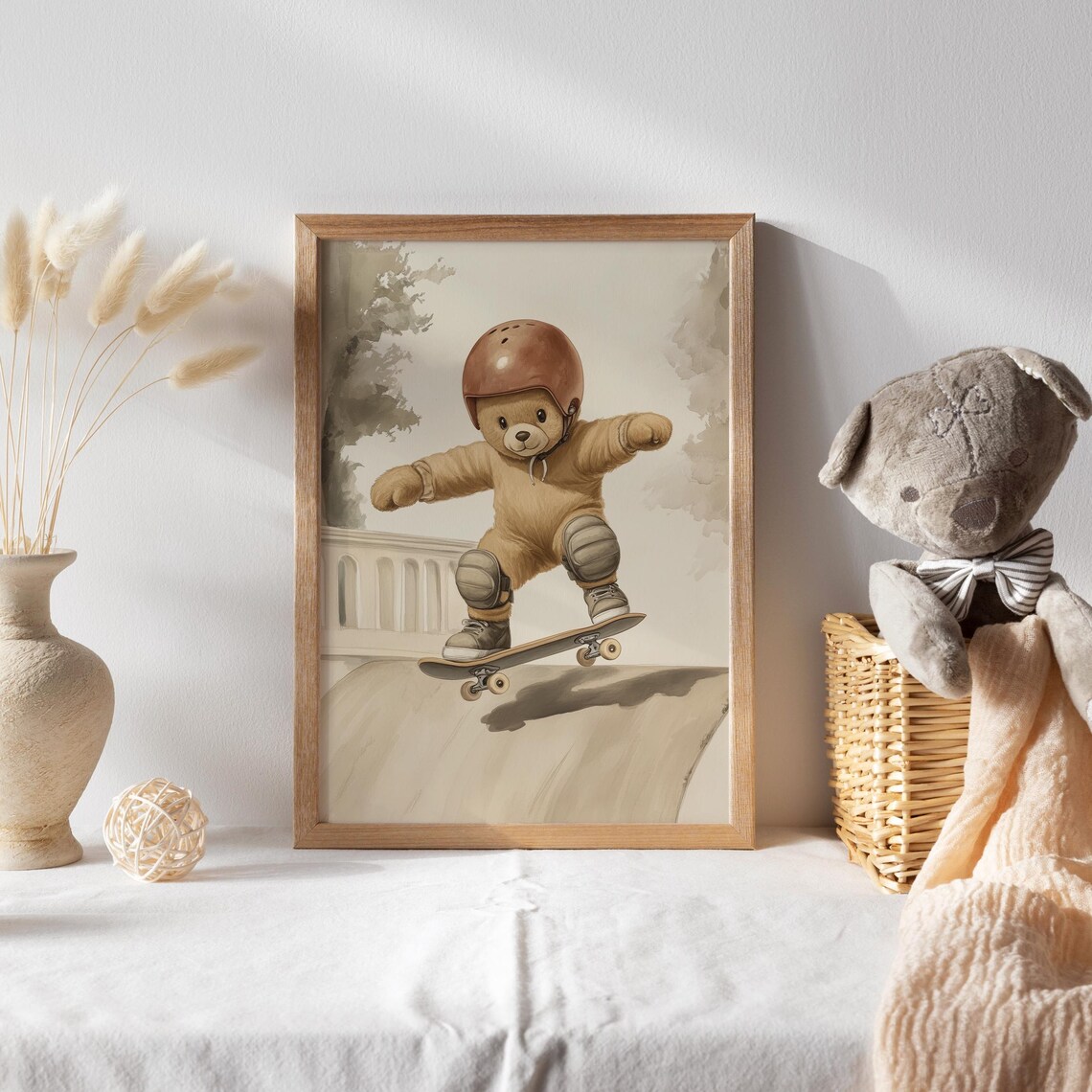 Teddy Bear Skateboarder in Helmet and Pads on Ramp Watercolor Poster - Image 2
