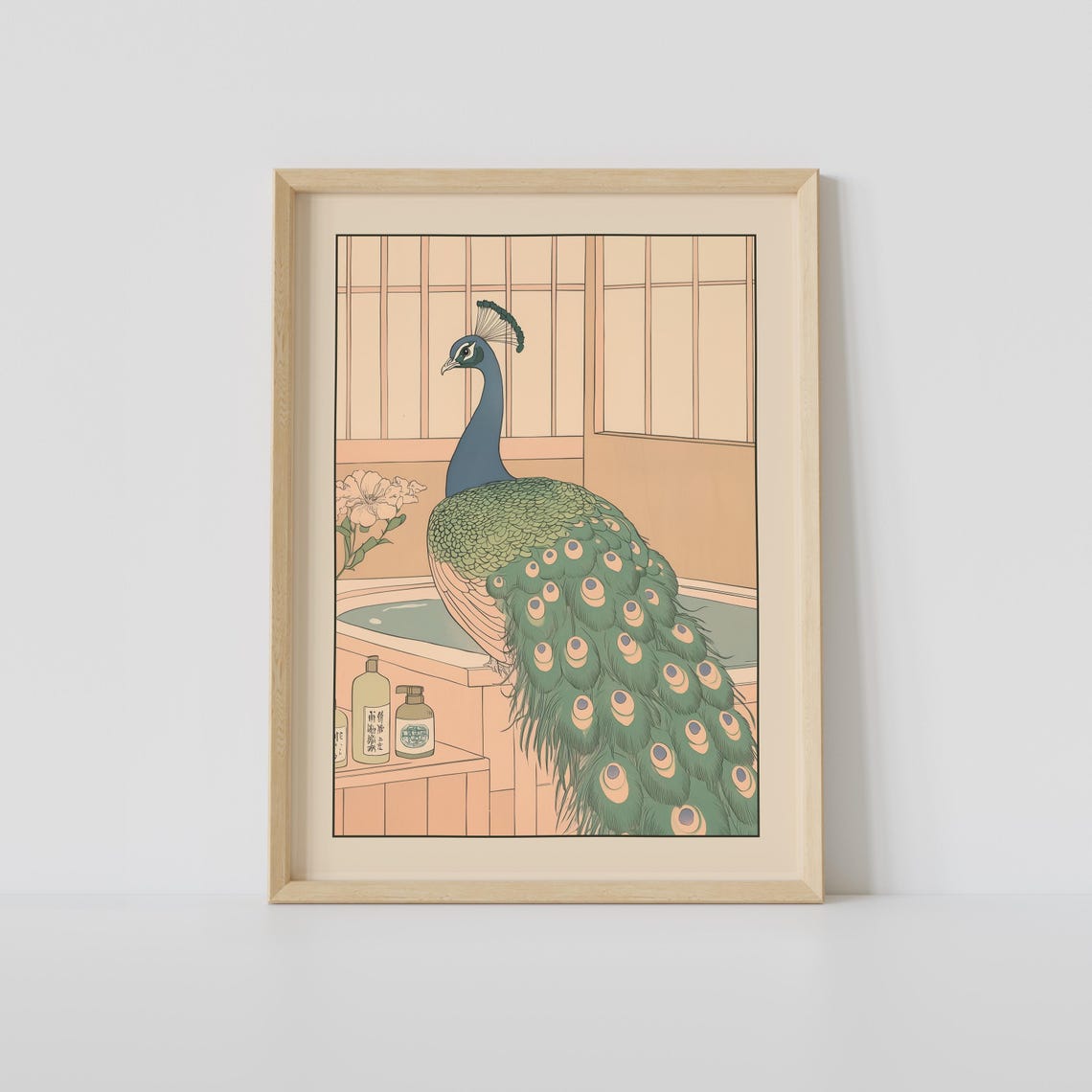 Peacock Standing by a Japanese Bathtub with Bath Bottles Poster