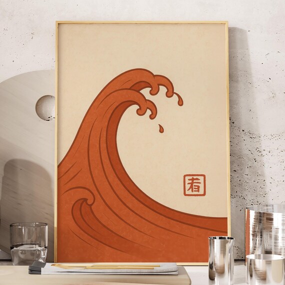 Minimalist Terracotta Japanese Wave Art Poster With A Red Hanko Seal Stamp