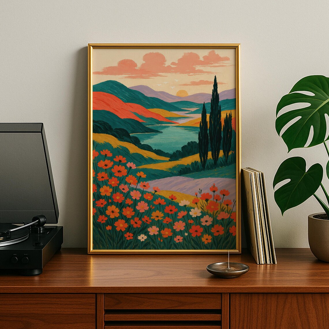 Vibrant Rolling Hills Sunset Over Lake Cypress Landscape Art Poster