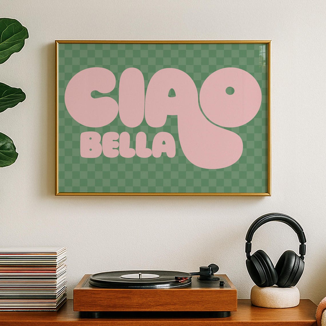 Ciao Bella Retro Bubble Letter Pink Green Checkerboard Poster