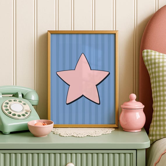 Funky Star Print In Blue And Pink Hand Drawn Poster Cute College Room Prints Trendy Preppy Girly Apartment Wall Art