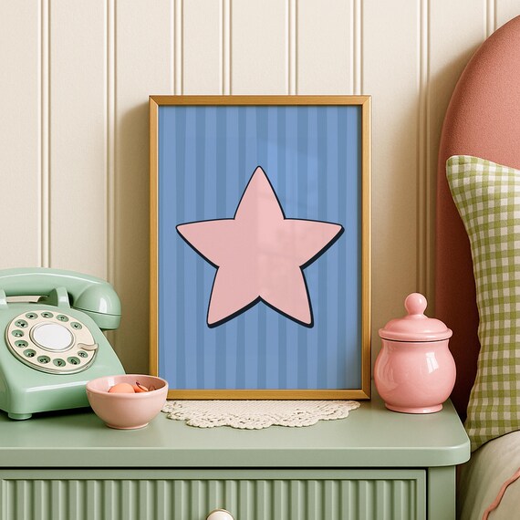Pink Star Blue Striped Preppy Retro Dorm Room Pop Art Poster