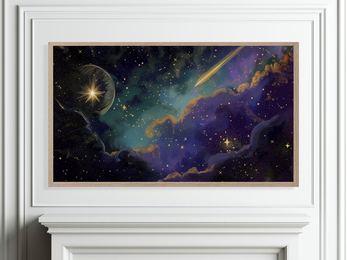 Shooting Star Moonlit Clouds Purple Gold Night Sky Painting Poster - Image 4