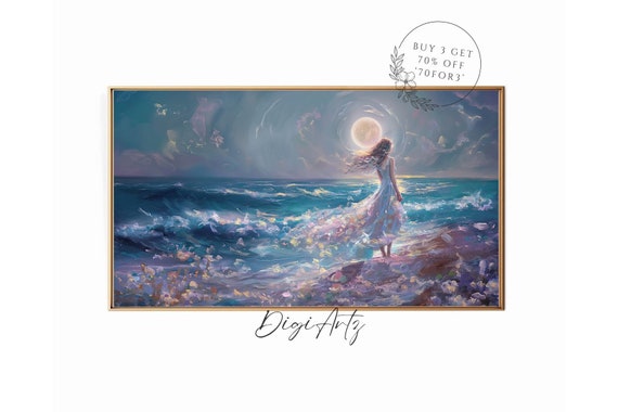 Frame Tv Abstract Art Woman Portrait Oil Painting Moody Moonlight Coastal Frame Tv Ocean Antique Home Decor
