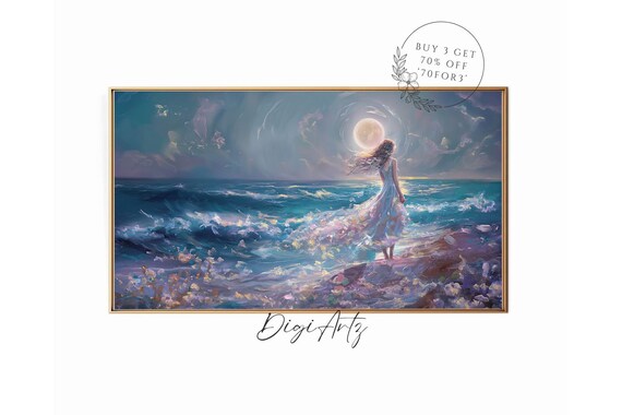 Moonlit Ocean Woman In Flowing Dress Dreamy Beach Moon Poster