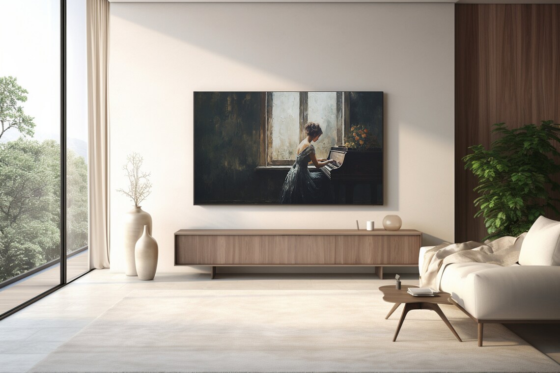 Woman Playing Piano By Sunlit Window Dark Moody Oil Painting Poster