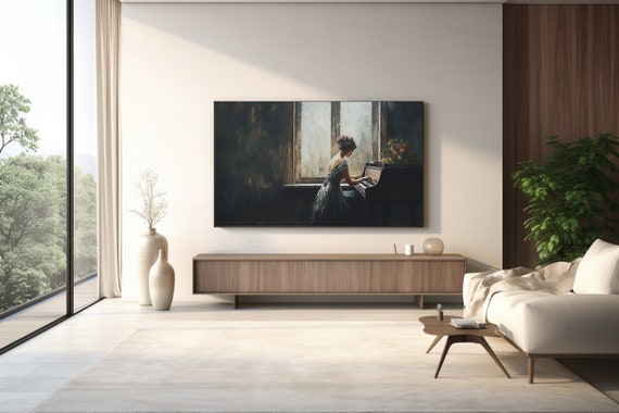 Frame Tv Portrait Art Woman Playing Piano Abstract Art Moody Woman Portrait Painting Vintage Farmhouse Antique Decor Dark Academia