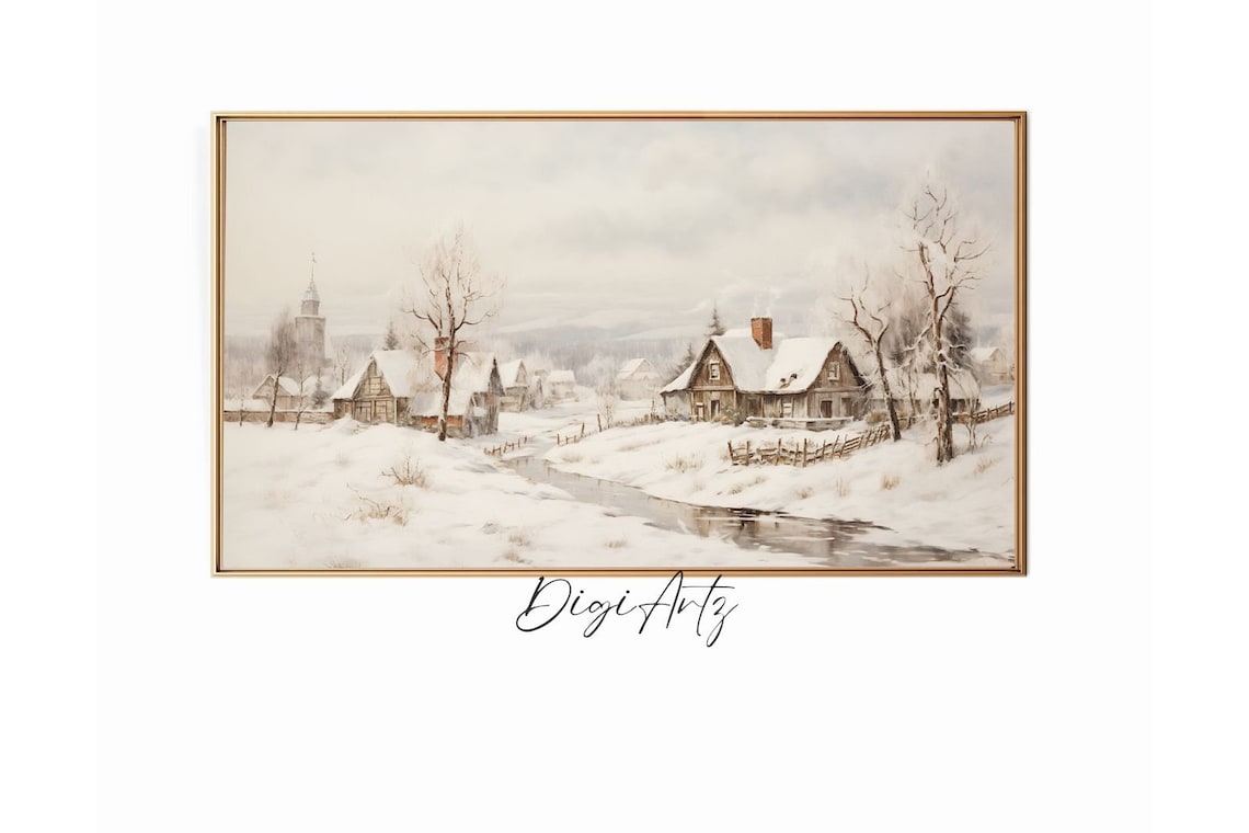 Snowy Village Church Cottages Winter Landscape Storybook Scene Poster