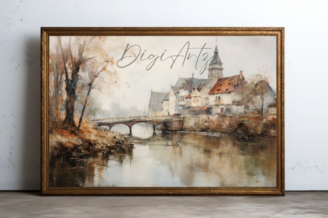 Riverside Village Stone Bridge Church Autumn Landscape Painting Poster - Image 3