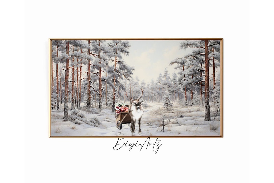 Santa Claus In A Reindeer Drawn Sleigh Through Snowy Pine Woods Poster