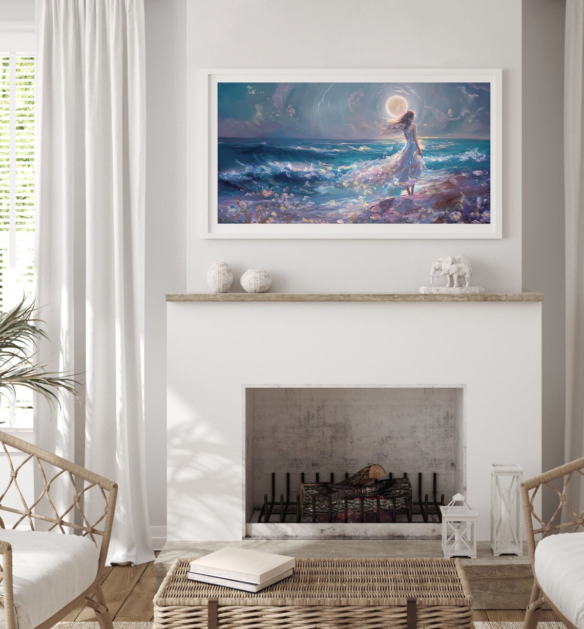 Moonlit Ocean Woman In Flowing Dress Dreamy Beach Moon Poster - Image 5
