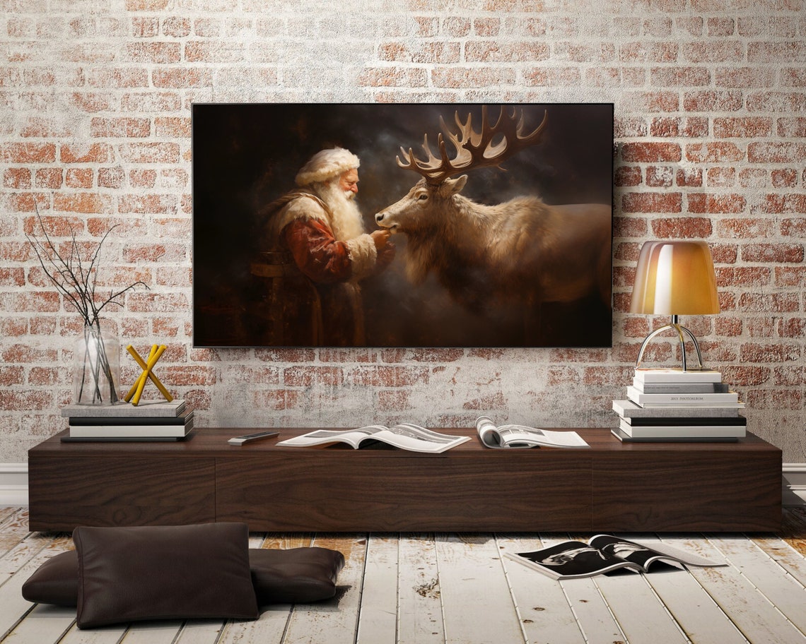 Frame Tv Art Vintage Christmas Wall Art Santa Reindeer Companionship Oil Painting Cottagecore Academia Christmas Decor Winter Print - Image 3