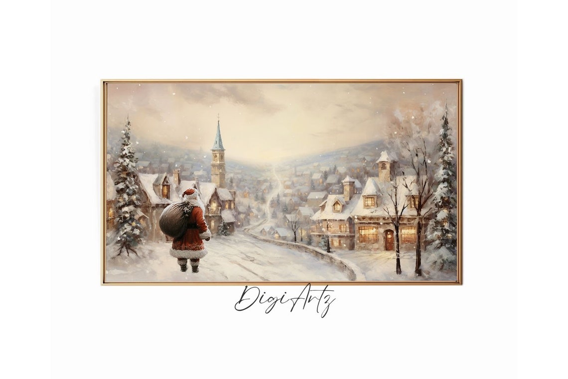 Santa Claus Walking Through Snow Toward A Village At Dusk Poster
