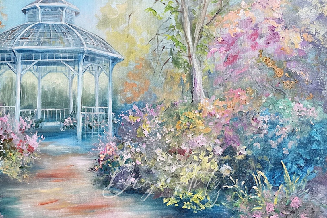 White Gazebo Flower Garden Impressionist Painting Vintage Poster - Image 6