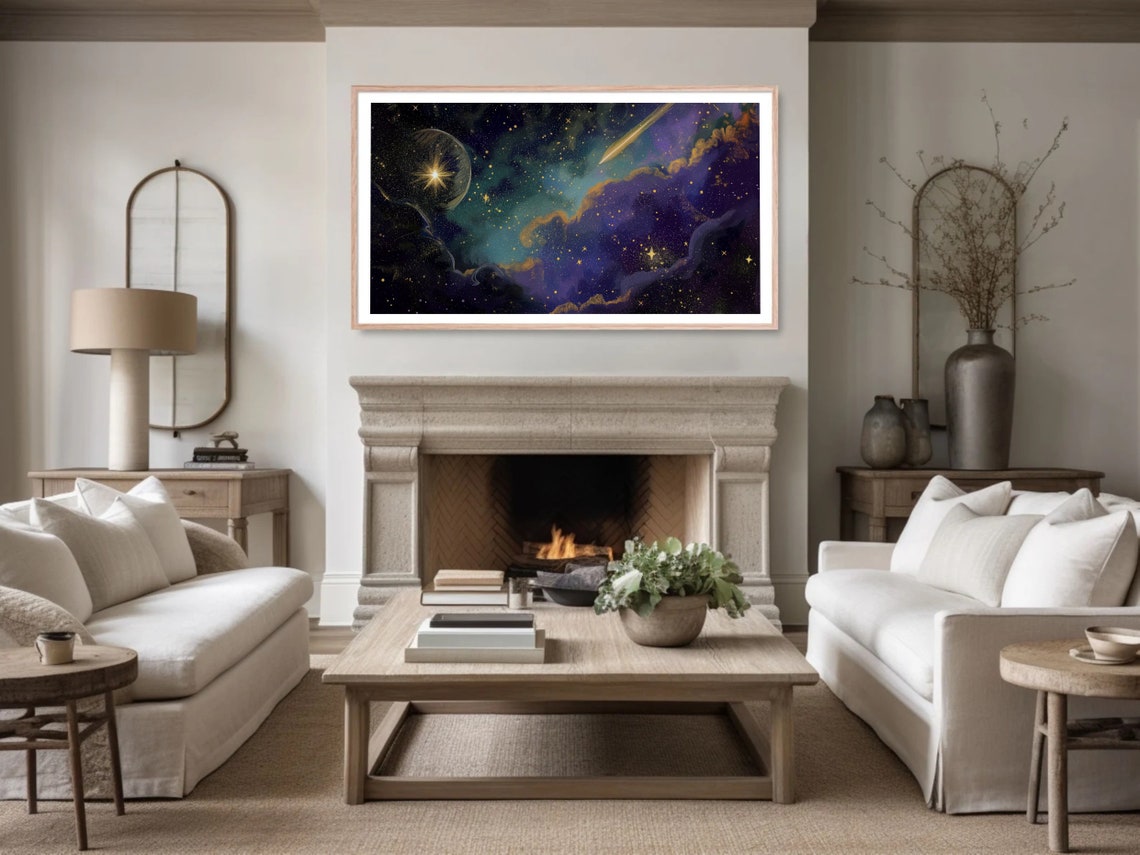 Shooting Star Moonlit Clouds Purple Gold Night Sky Painting Poster - Image 5