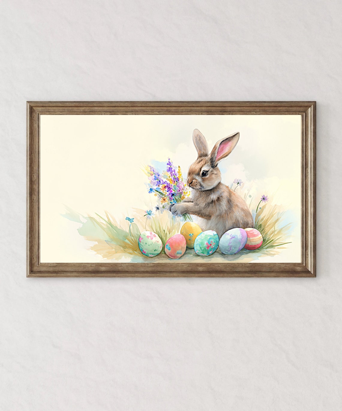 Easter Bunny Holding Spring Flowers With Painted Eggs Poster