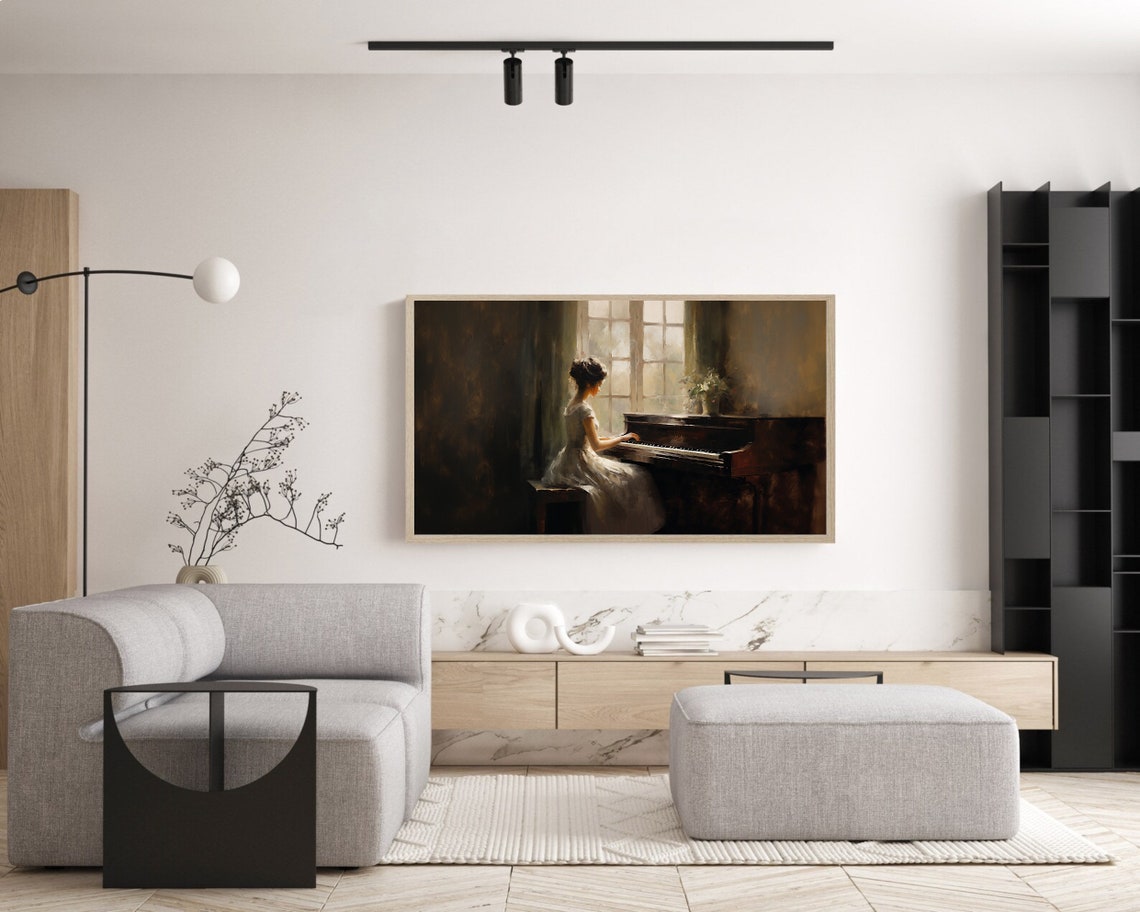 Woman Playing Piano by Window Moody Romantic Oil Painting Poster - Image 5