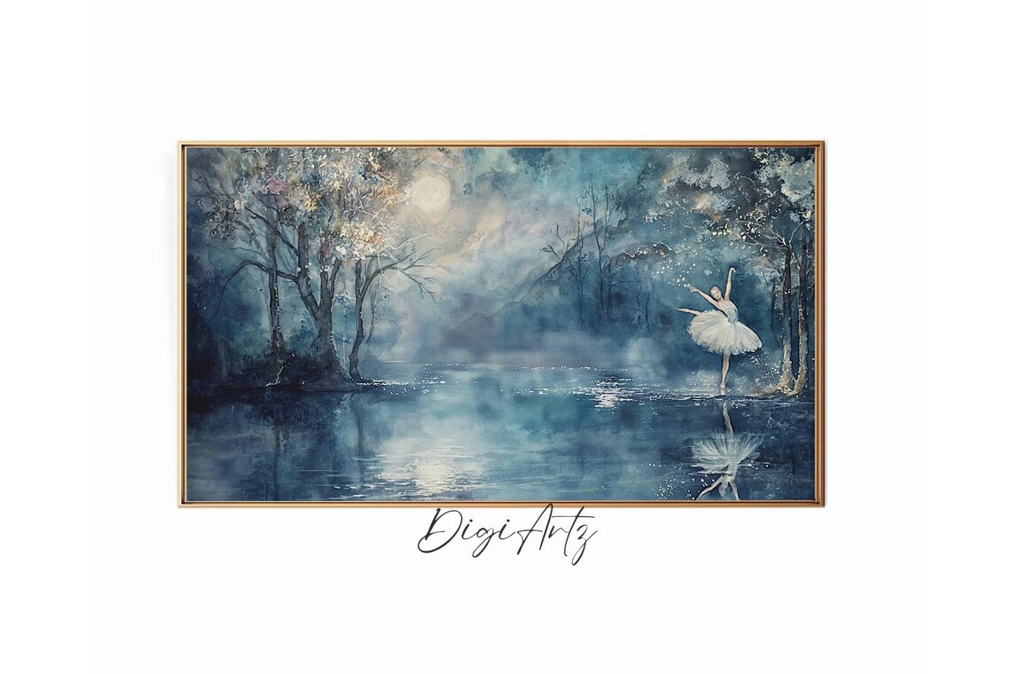 Moonlit Lake Ballerina Dancing Ballet Watercolor Night Scene Poster
